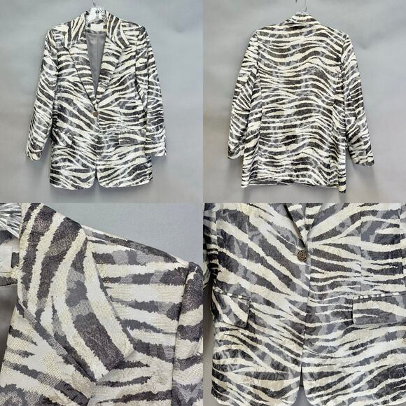 Caché Jacquard Blazer Size 10 Metallic Zebra Floral Print Longline Vintage Y2k - Picture 16 of 16